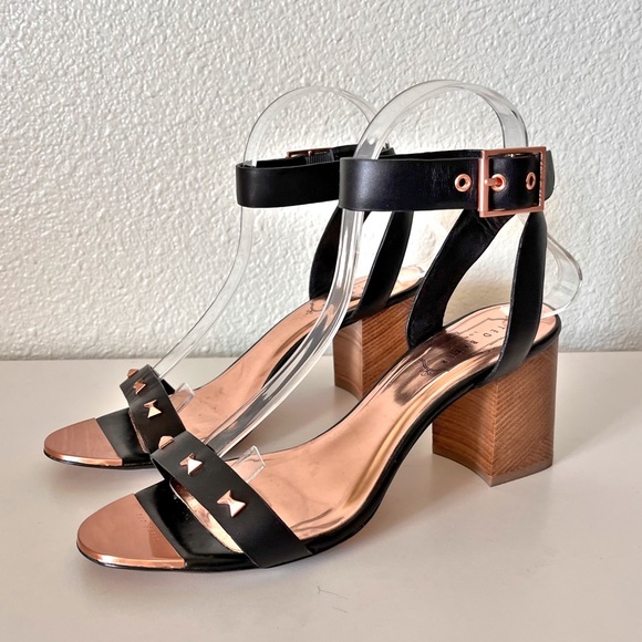 Ted Baker Rose Gold Black Bow Studded Heel Sandals 38.5 - Picture 1 of 11